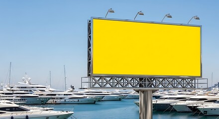 Bright Yellow Billboard in Marina with Luxury Yachts and Blue Sky.