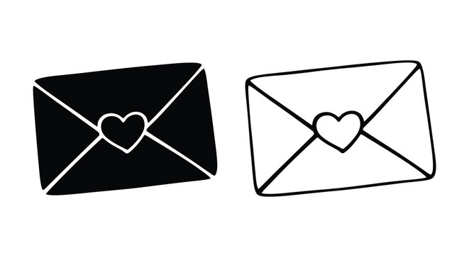 Two envelopes with heart shapes one filled and one outlined silhouette
