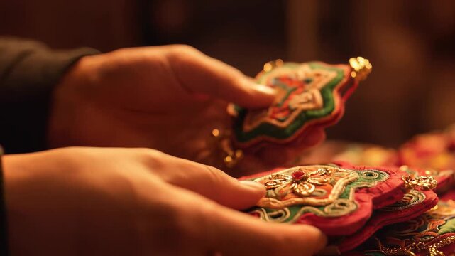 Hands Touching Intricate Indian Textile Embroidery Art