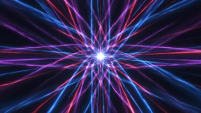 Abstract red and blue light rays bursting from center on black background