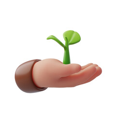 3D hand holding green sprout symbol of sustainability