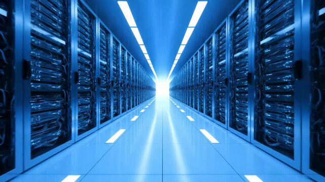 A long, futuristic data center server room with rows of illuminated server racks casting a blue glow. The central hallway leads to a bright light.