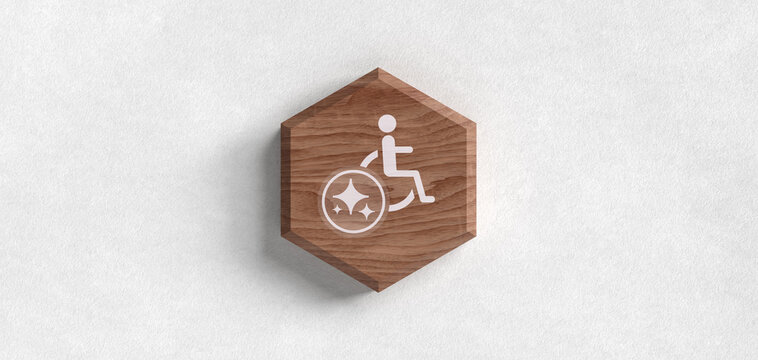 Inklusion und KI Header Icon Barrierefreiheit mit Rollstuhl und Sparkles k&uuml;nstliche Intelligenz f&uuml;r soziale Teilhabe auf Holz Symbol