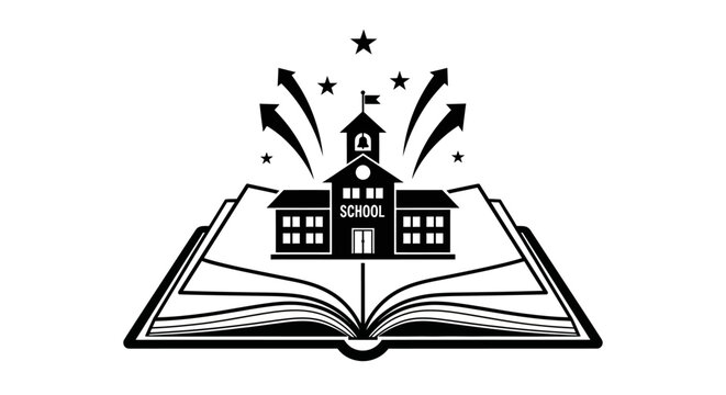 School Building Emerging from Open Book.