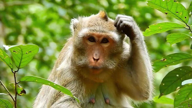 Close Up of a Wild Macaque Monkey Eating Food in Lush Green Jungle