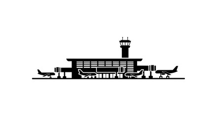 Obraz premium Airport terminal with airplanes and control tower.