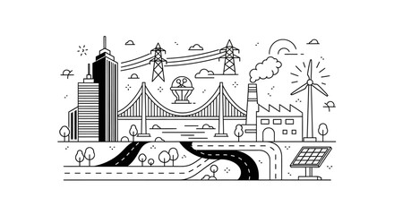 Sustainable city with solar panel and wind turbines. © wulan