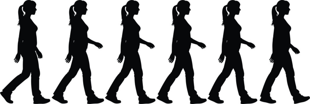 Walking silhouettes, female motion sequence, human locomotion illustration, biomechanics study, animation resource, step progression outline, body movement design, posture analysis art