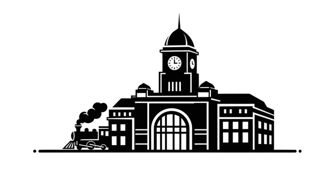 Vintage train station clock tower building.