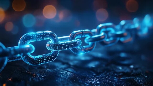 A close-up of a broken glowing blue chain on a dark surface with bokeh lights in the background, symbolizing freedom or disruption