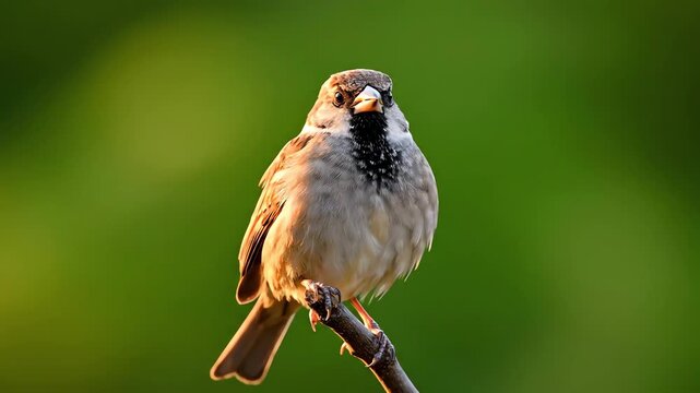 House Sparrow Chirping on Branch Against Blurred Green Background
