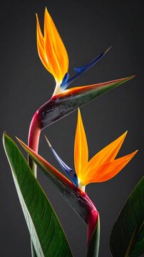 Dramatic Studio Shot of Two Exotic Bird of Paradise Flowers (Strelitzia) Against a Dark Background