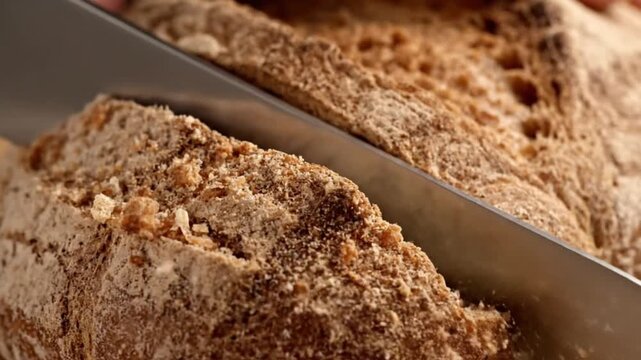 Slicing freshly baked whole grain bread with a sharp metal knife on a kitchen counter