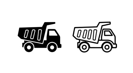 Tipper truck icons, solid black and outline, for construction materials and transport © MdDelowar