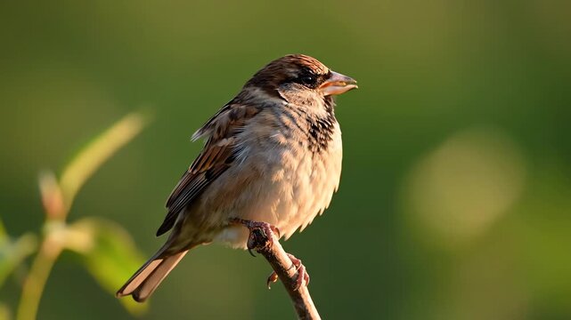 Small Sparrow Perching on a Thin Branch in a Green Natural Habitat