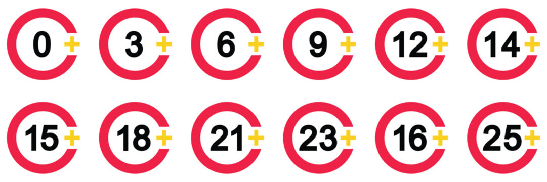 Age limit concept icons. set of signs age restriction. Set of adult icons over 0+, 18+, 21+, 23+ years old black and red circle. Vector illustration.