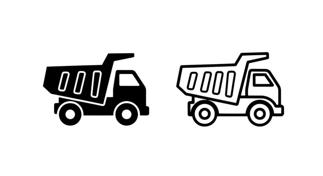 Tipper truck icons, solid black and outline, for construction materials and transport