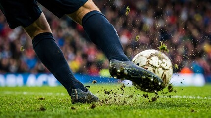 Dynamic soccer strike action closeup stadium field sports photography grass environment low angle view athletic performance