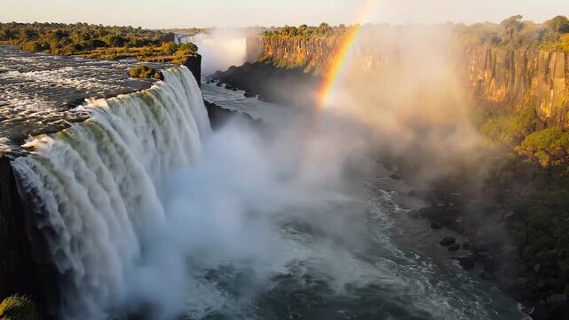 Victoria falls with double rainbow forming in mist at sunset, aerial cinematic drone footage showing the immense power of nature