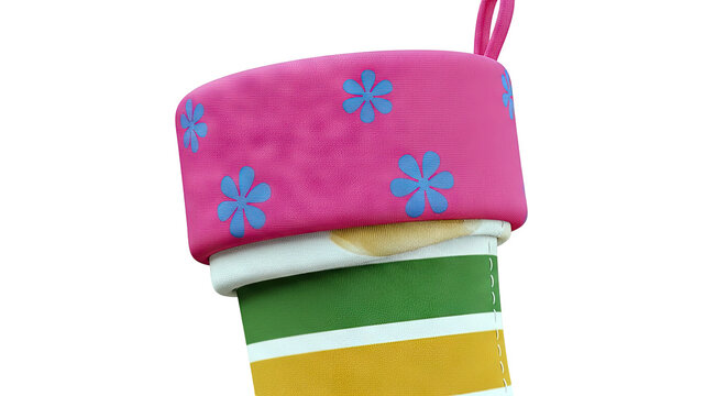 Pink Christmas stocking with blue floral pattern and striped body