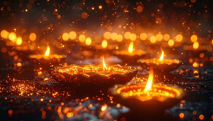 Naklejka premium Magical indian culture scene with glowing diya patterns, warm saffron and gold light,