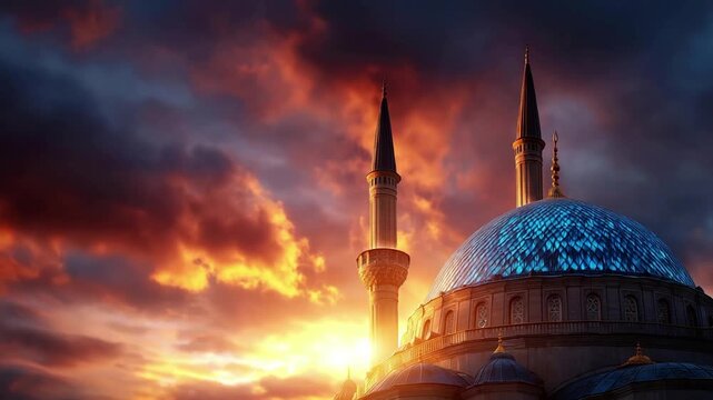 Colorful dramatic sky over mosque with blue dome and minarets Islamic architectural beauty vibrant sunset at