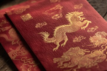 Elegant Gold Foil Design of Mythical Creature on Red Background