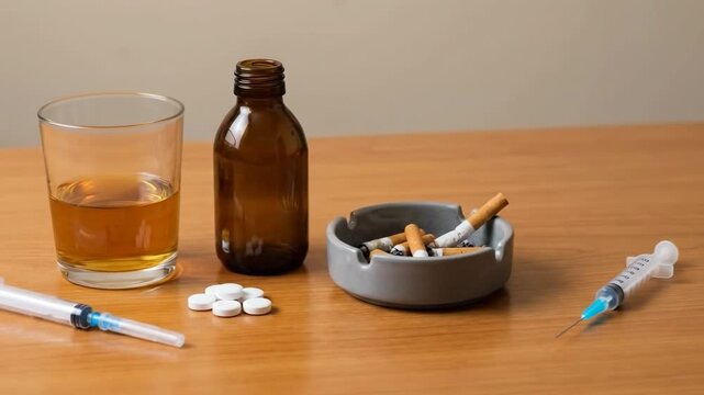 Addiction Still Life A stark composition of vices on a wooden table.