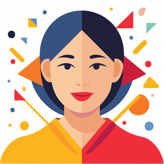 Digital Illustration of Woman with Colorful Geometric Shapes Surrounding Her Face and Upper Body