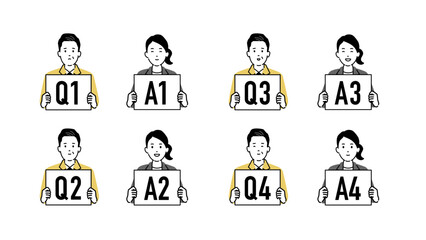 質問する作業着の中年男性と回答するエキスパート、Q&Aボードを持つ人物アイコンセット