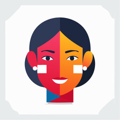 Stylized Illustration of a Woman's Face with Red and Orange Halves, Bob Hairstyle, and Friendly Smile