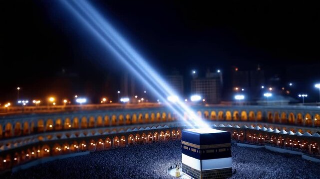 Kaaba with beautiful illumination at night holy site glowing after dark spiritual lighting display Mecca noc