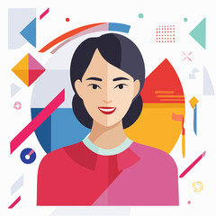 Cheerful Cartoon Woman Surrounded by Colorful Geometric Shapes and Symbols in a Playful Design