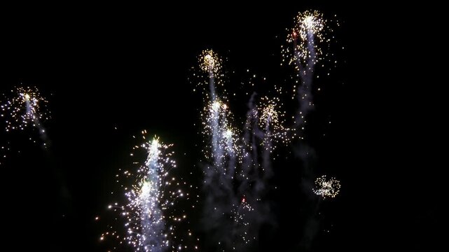 Multiple bright white and golden fireworks burst into black background, sparks cascading . The scattered, glowing bursts create a dazzling, celebratory display that feels grand and intimate.