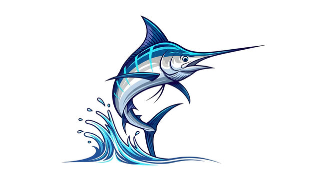A vivid blue marlin leaps from crashing ocean waves, capturing speed, agility, and athletic energy. Perfect for marine life, sports, and ocean adventure themes in stock collections.