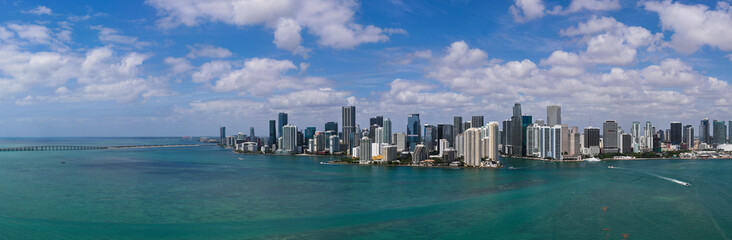 Obraz premium Aerial view of Brickell skyline. Panoramic cityscape of Brickell Miami. Skyscrapers of Brickell. Business towers in Miami.