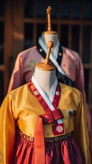 Obraz premium Traditional Korean hanbok displayed on mannequins in a museum setting.