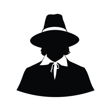 pilgrim bonnet silhouette vector illustration, Historical figure wearing a hat and cape silhouette vector illustration