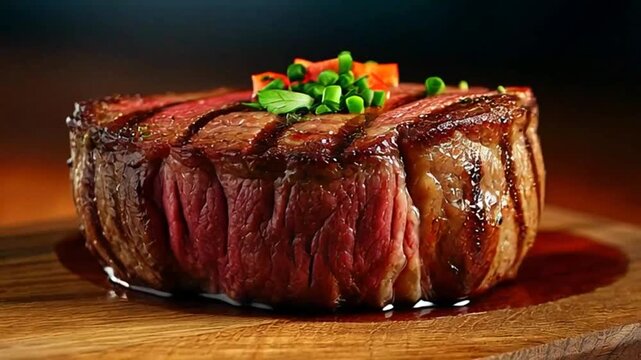 Delicious Juicy Grilled Beef Steak on Rustic Wooden Board, Premium Ribeye with Fresh Vegetables and Gourmet Garnishing, Sizzling Meat Macro Shot