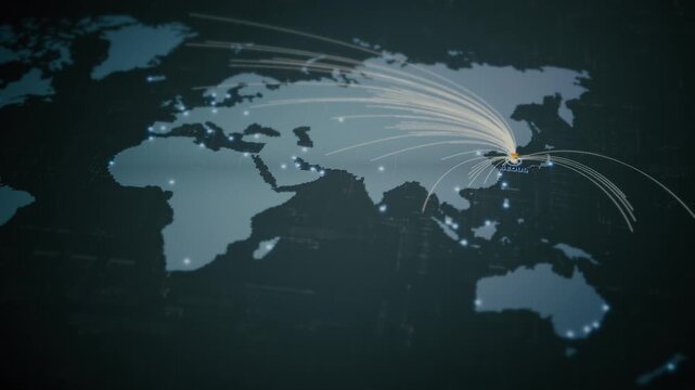 Global business network map with glowing data connections, worldwide connectivity, logistics routes, secure communication, cloud infrastructure, big data technology - Seoul, South Korea