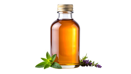 A small clear bottle of amber liquid with a gold cap, mint, and purple flowers