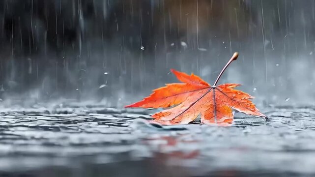 Orange Maple Leaf on Wet Ground with Raindrops, Reflection in Puddle During Autumn, Full HD Slow Motion