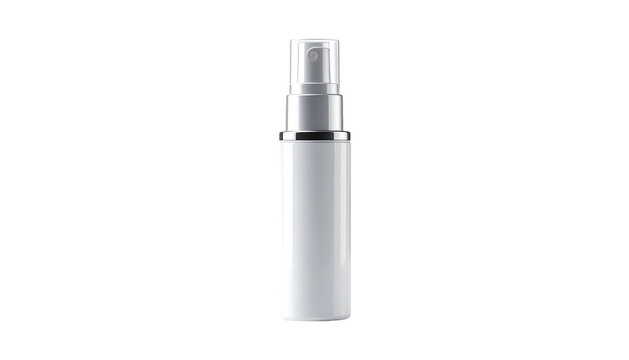 Isolated vertical image of a white, cylindrical spray bottle with silver and clear accents