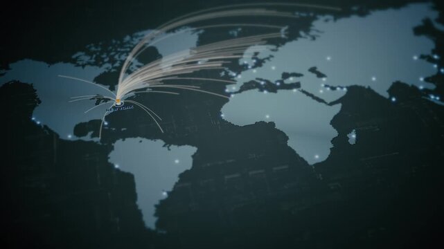 Global business network map with glowing data connections, worldwide connectivity, logistics routes, secure communication, cloud infrastructure, big data technology - New York, USA