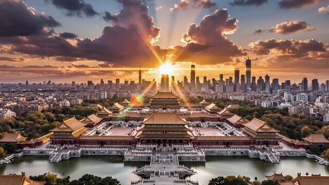 Majestic Forbidden City Palace Complex at Sunset with Modern City Skyline.