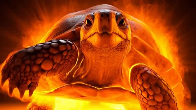 Dramatic front view of a turtle with glowing orange light on a dark background