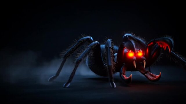 Creepy dark spider with glowing red eyes in a mysterious, low-key, ominous setting