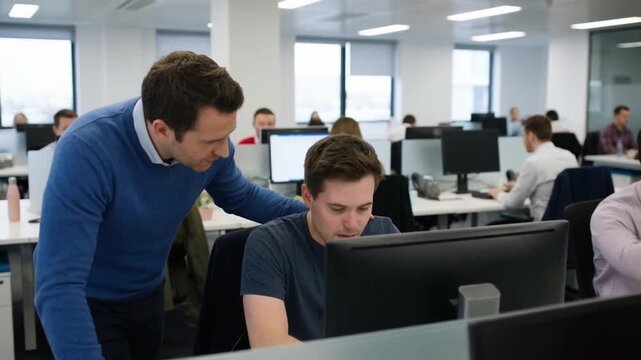 Mentor leans over colleague offering guidance demonstrating emotional empathetic coworker comforting stressed employee supportive guidance