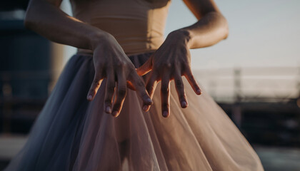 Obraz premium Person's hands holding a flowing dress outdoors at sunset.