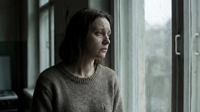 Motionless woman amid busy urban square scene concept. Sad woman looking out window on a rainy day feeling lonely and thoughtful inside a dim room